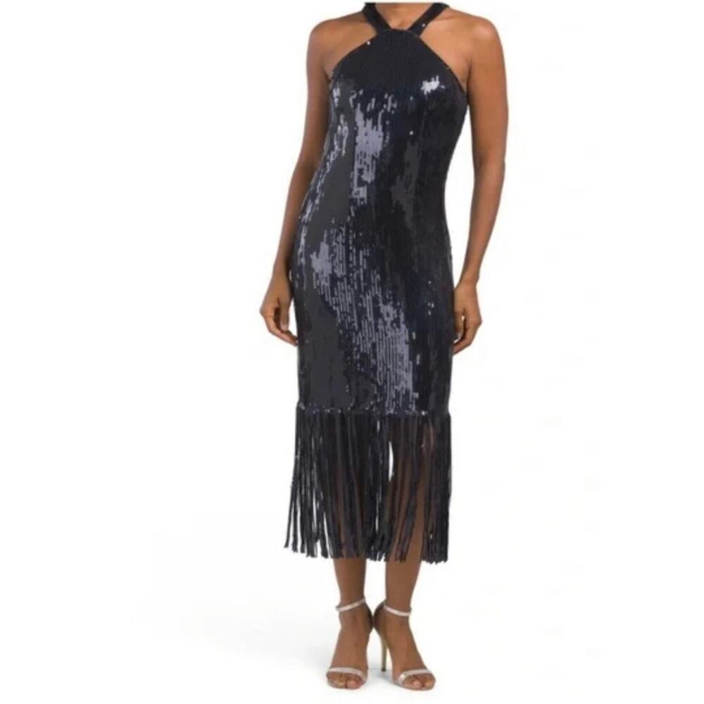 Nanette Lepore dark purple  sequin fringe Funky town halter neck dress💚